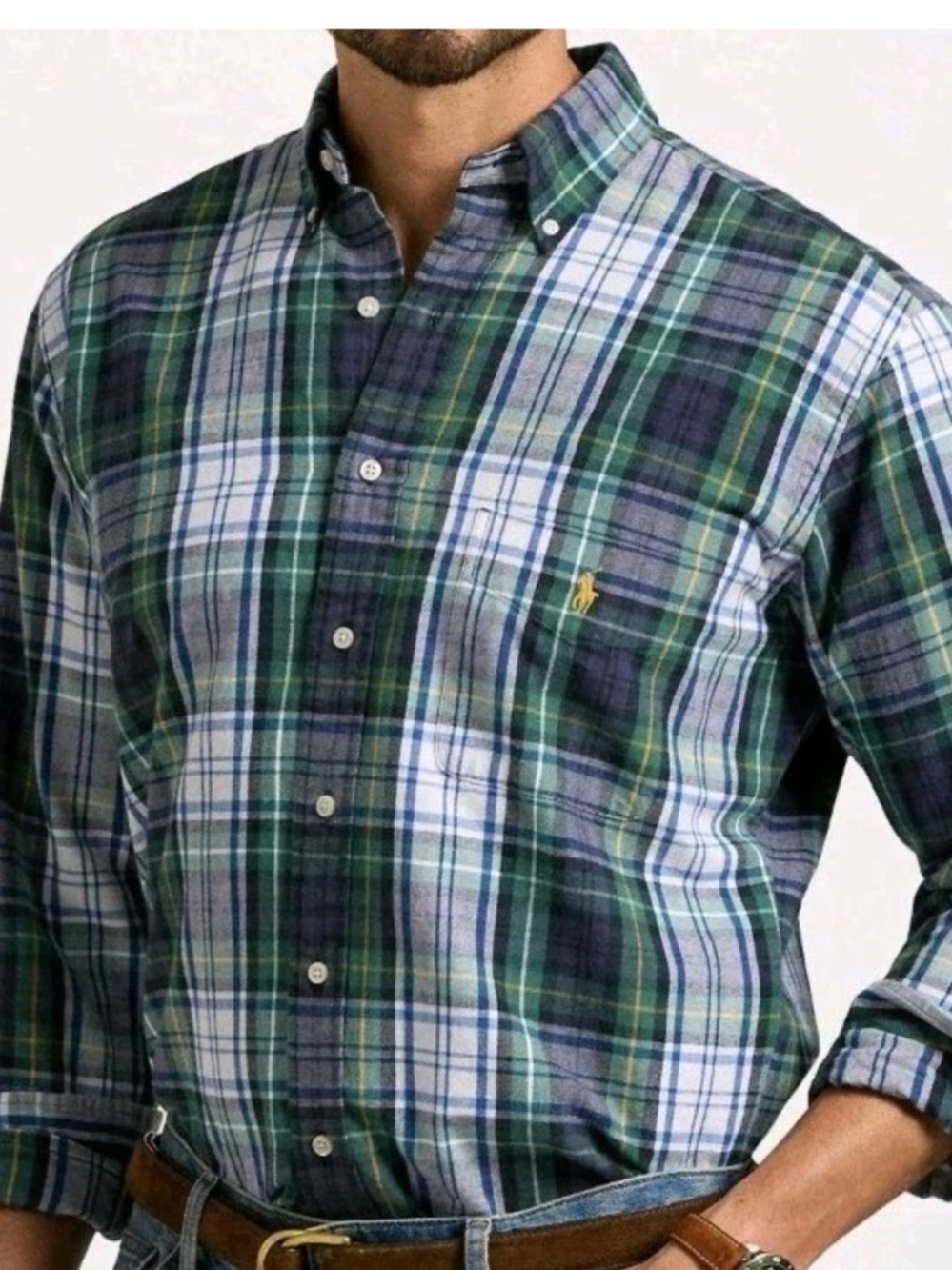 Ralph Lauren Men’s 2XLT Plaid Button Down Shirt Green Blue NWT